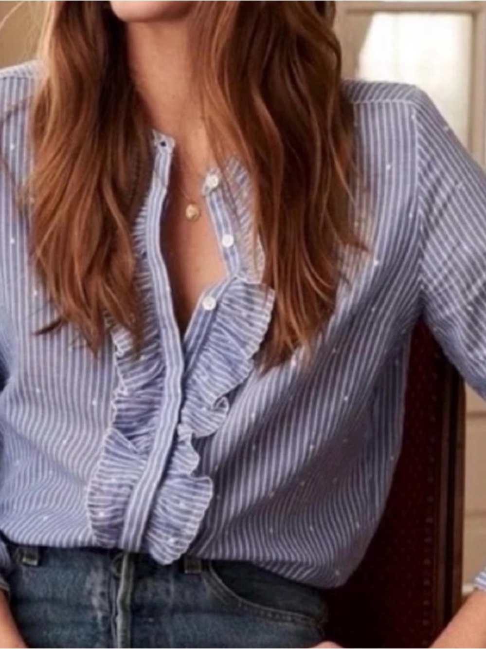 Sezane Navy and White Pinstripe Button-Down Shirt